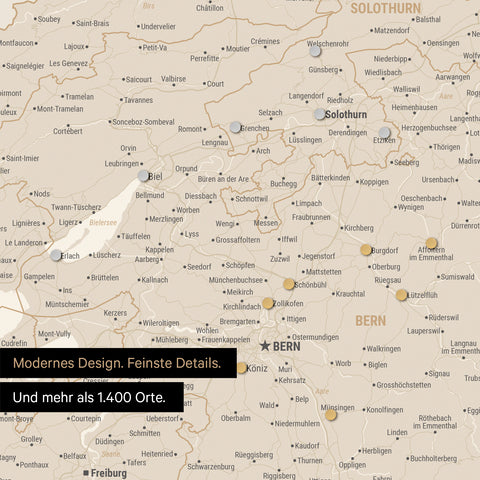 Ausschnitte einer Schweizkarte in der Region Freiburg und Thunersee in Gold mit 1.400 Orten