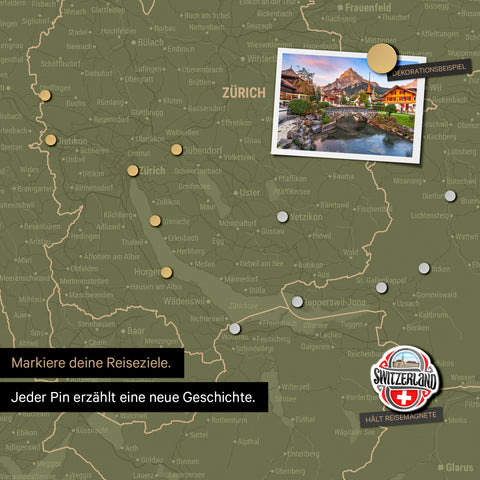 Detail einer magnetischen Schweiz-Karte als Magnettafel in Olive Green zeigt die Region um Zürich mit einem angepinnten Foto sowie Reise- und Urlaubsmagnete