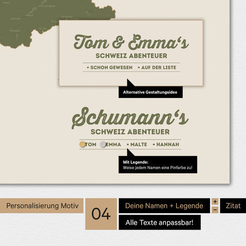 Magnetboard Schweiz-Karte in Olive Green mit Personalisierung als Logo mit Familiennamen