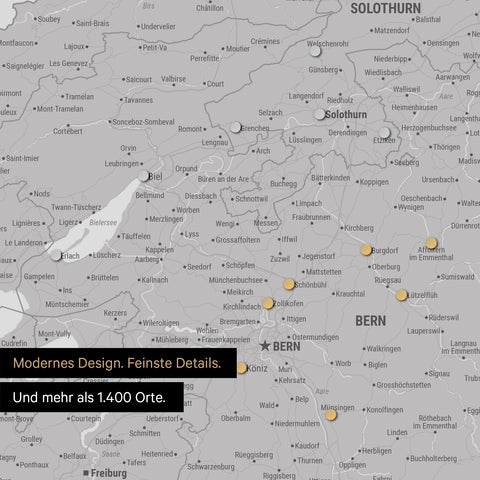 Ausschnitte einer Schweizkarte in der Region Freiburg und Thunersee in Hellgrau mit 1.400 Orten