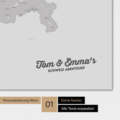 Magnetische Schweiz-Karte als Magnetboard in Hellgrau mit Personalisierung und eigedruckten Namen