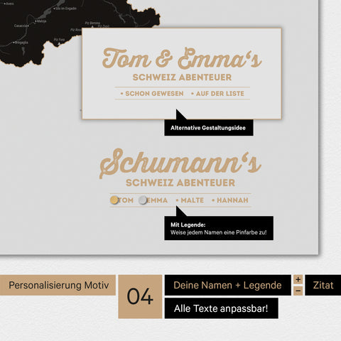 Magnetboard Schweiz-Karte in Light Black mit Personalisierung als Logo mit Familiennamen