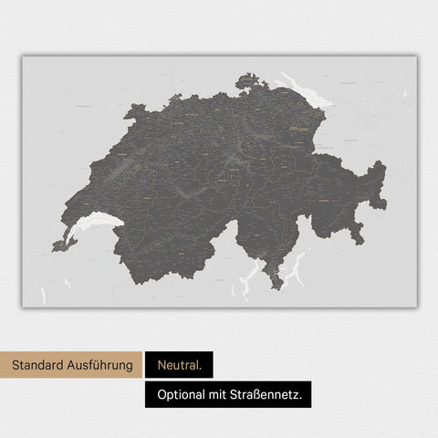 Neutrale und schlichte Ausführung einer magnetischen Schweiz-Karte in Light Gray