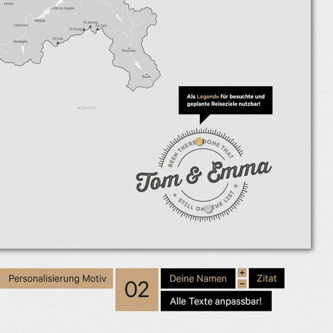 Personalisierte Magnet-Schweiz-Karte in Multicolor Grau mit eingedruckten Namen und einer Legende zur Markierung von besuchten Orten