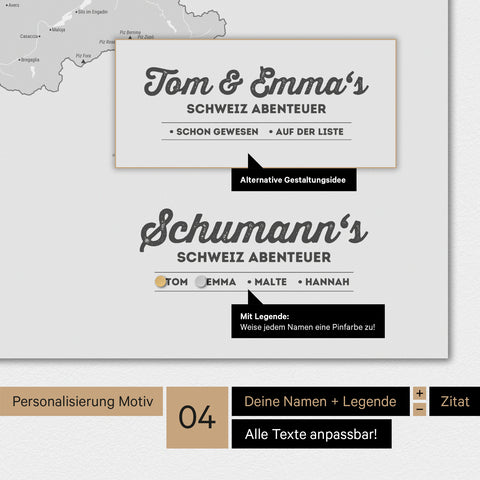 Magnetboard Schweiz-Karte in Multicolor Grau mit Personalisierung als Logo mit Familiennamen