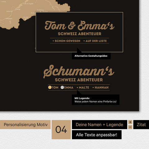 Magnetboard Schweiz-Karte in Sonar Black mit Personalisierung als Logo mit Familiennamen