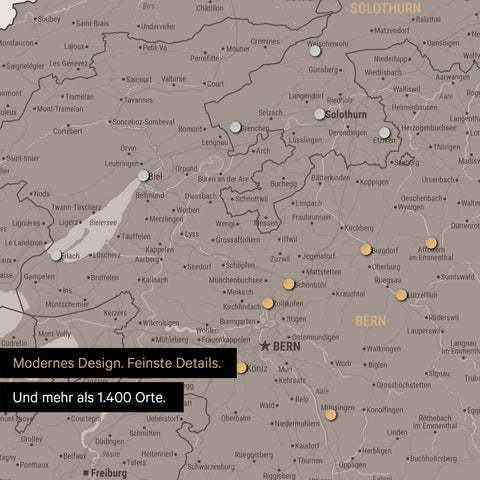 Ausschnitte einer Schweizkarte in der Region Freiburg und Thunersee in Warmgray (Braun-Grau) mit 1.400 Orten