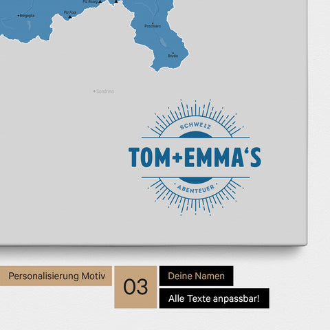 Schweiz-Karte als Pinn-Leinwand in Blau mit eingedruckten Namen als Logo in Form einer Sonne