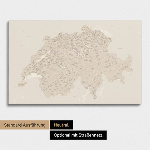 Neutrale und schlichte Standard-Ausführung einer Schweiz-Karte als Pinn-Leinwand in Treasure Gold