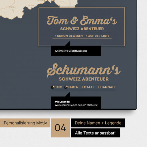 Pinnwand Leinwand einer Schweiz-Karte in Hale Navy (Dunkelblau-Gold) mit Personalisierung als Logo mit Familiennamen