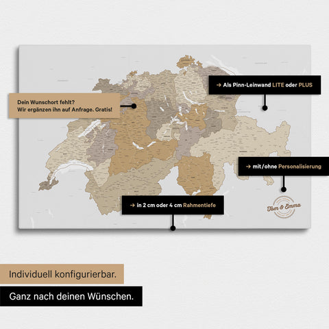 Vielfältige Konfigurationsmöglichkeiten einer Schweiz-Karte in Multicolor Beige