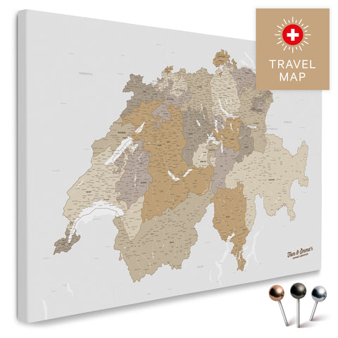 Schweiz-Landkarte in Multicolor Beige als Pinnwand Leinwand zum Pinnen und Markieren von Reisezielen kaufen