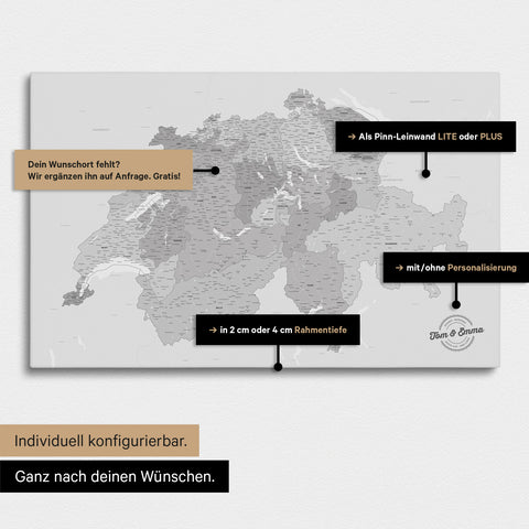 Vielfältige Konfigurationsmöglichkeiten einer Schweiz-Karte in Multicolor Grau