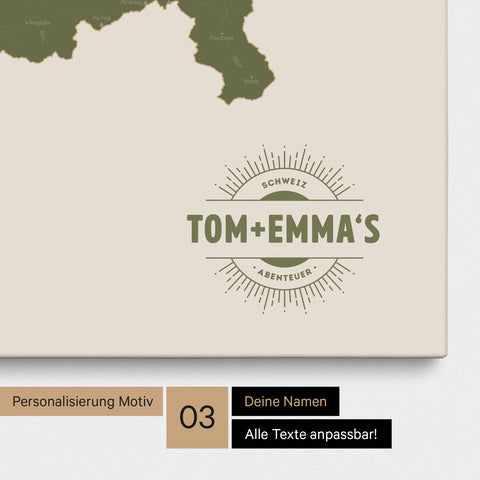 Schweiz-Karte als Pinn-Leinwand in Olive Green mit eingedruckten Namen als Logo in Form einer Sonne