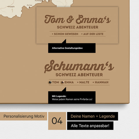 Pinnwand Leinwand einer Schweiz-Karte in Treasure Gold mit Personalisierung als Logo mit Familiennamen