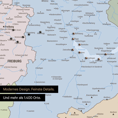 sschnitte einer politischen Schweizkarte in der Region Freiburg und Thunersee als Pinn-Leinwand in Multicolor Atlas mit 1.400 Orten