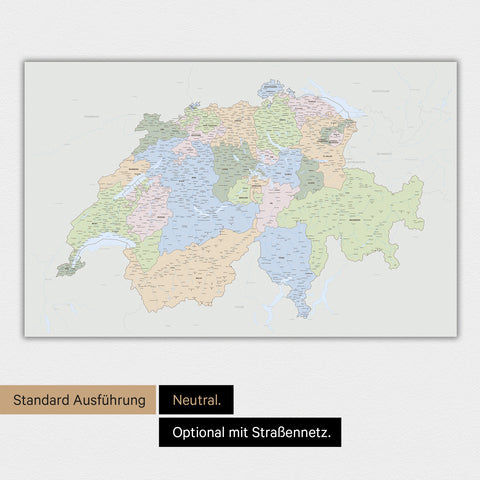 Neutrale und schlichte Ausführung einer magnetischen politischen Schweiz-Karte in Multicolor Atlas