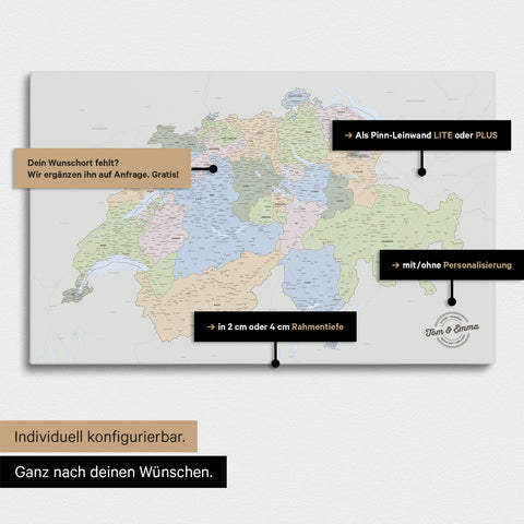 Vielfältige Konfigurationsmöglichkeiten einer politischen Schweiz-Karte in Multicolor Atlas