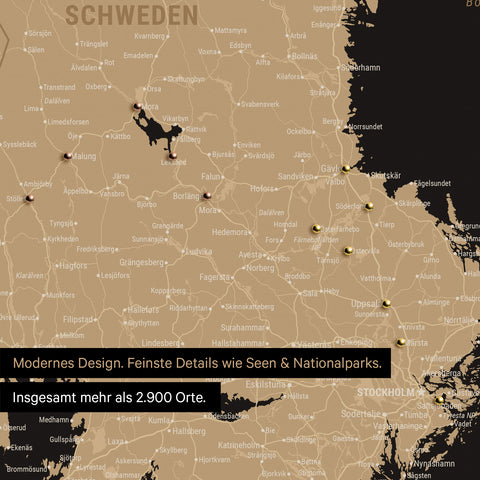 Ausschnitte einer Skandinavienkarte mit der Region Stockholm in Schweden als Pinn-Leinwand in Sonar Black mit 2.900 Orten