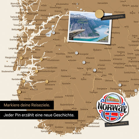 Detail einer magnetischen Skandinavien-Karte als Magnettafel zeigt Norwegen mit einem angepinnten Foto sowie Reise- und Urlaubsmagnete