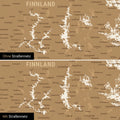 Vergleich einer Skandinavien-Karte mit und ohne Straßennetz