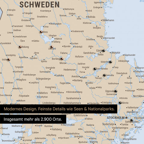 Ausschnitte einer politischen Skandinavienkarte mit der Region Stockholm in Schweden als Pinn-Leinwand in Multicolor Atlas mit 2.900 Orten