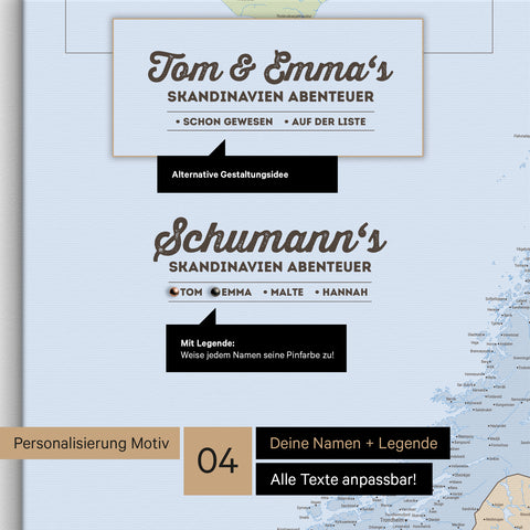 Pinnwand Leinwand einer politischen Skandinavien-Karte in Multicolor Atlas mit Personalisierung als Logo mit Familiennamen