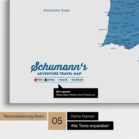 Spanien- & Portugal-Karte als Leinwand in Blau mit Personalisierung als Logo mit Familiennamen und Legende für Orte, die man bereits besucht hat und noch besuchen möchte
