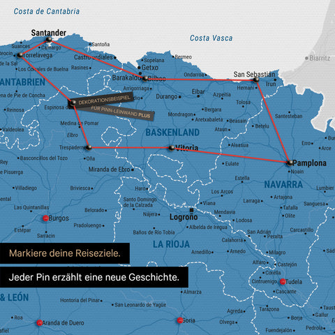 Moderne Spanien- & Portugal Landkarte in der Farbe Blau als Pinn-Leinwand zeigt einen Ausschnitt vom Baskenland und Navarra, in der bereits besuchte Reiseziele durch Pins markiert sind 