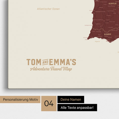Spanien- & Portugal-Karte zum Pinnen in Bordeaux-Rot mit Personalisierung im Vintage-Stil