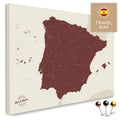 Spanien- & Portugal-Landkarte in der Farbe Bordeaux-Rot in einem modernen, minimalistischem Design als Leinwand zum Pinnen von Reisen und Orten