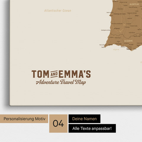 Spanien & Portugal-Karte TRAVEL® Pinn-Leinwand – Bronze