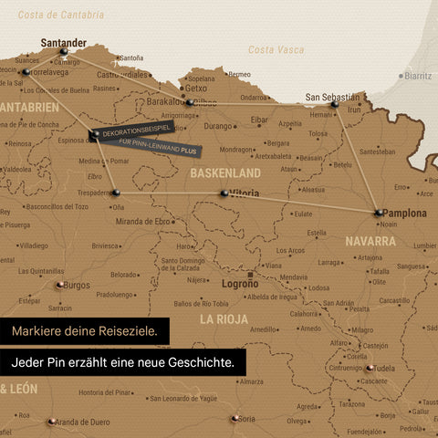 Moderne Spanien- & Portugal Landkarte in der Farbe Bronze als Pinn-Leinwand zeigt einen Ausschnitt vom Baskenland und Navarra, in der bereits besuchte Reiseziele durch Pins markiert sind 