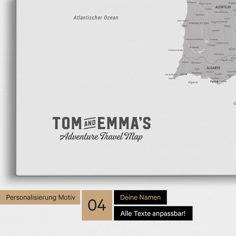 Spanien- & Portugal-Karte zum Pinnen in Hellgrau mit Personalisierung im Vintage-Stil