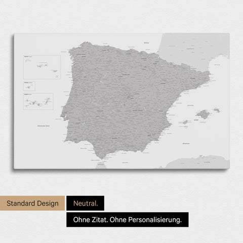 Neutrale Standard Ausführung der detaillierten Spanien- & Portugal-Karte als Pinnwand Leinwand in Hellgrau ohne Personalisierung
