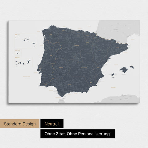 Neutrale Standard Ausführung der detaillierten Spanien- & Portugal-Karte als Pinnwand Leinwand in Denim Blue ohne Personalisierung