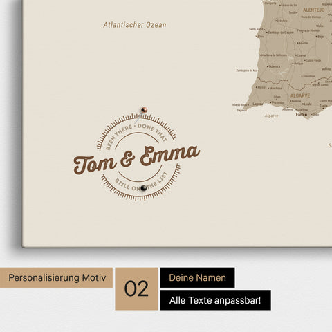 Spanien- & Portugal-Karte Pinn-Leinwand in Desert Sand mit Personalisierung als rundes Logo, das eine Legende für bereits besuchte Reiseziele im Rundtext beinhaltet
