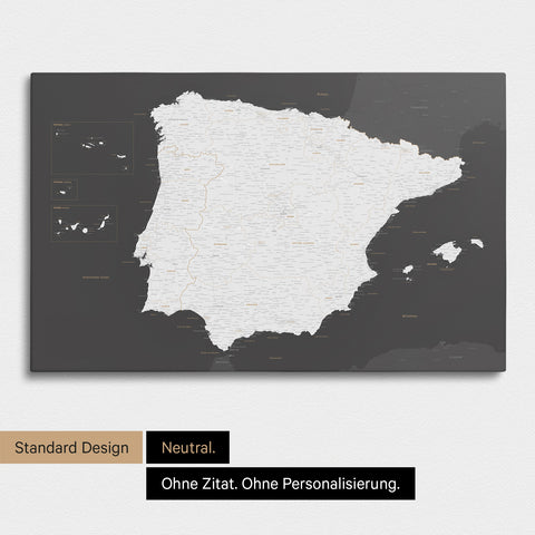 Neutrale Standard Ausführung der detaillierten Spanien- & Portugal-Karte als Pinnwand Leinwand in Dunkelgrau ohne Personalisierung