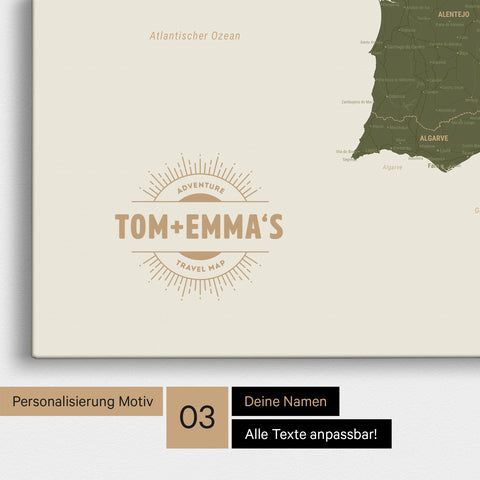 Spain & Portugal Push Pin Map TRAVEL® – Olive Green