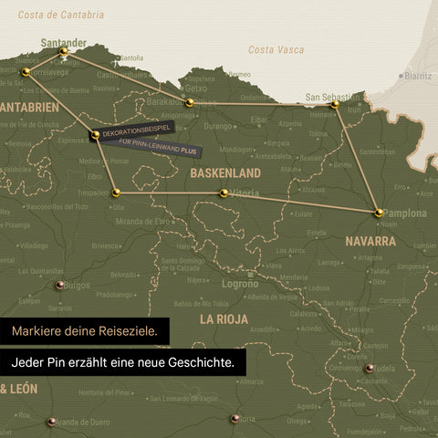 Moderne Spanien- & Portugal Landkarte in der Farbe Oliv-Grün als Pinn-Leinwand zeigt einen Ausschnitt vom Baskenland und Navarra, in der bereits besuchte Reiseziele durch Pins markiert sind