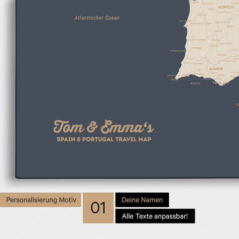 Landkarte von Spanien- & Portugal als Pinnwand Leinwand in Hale Navy mit Personalisierung und Namen in einer modernen Schreibschrift