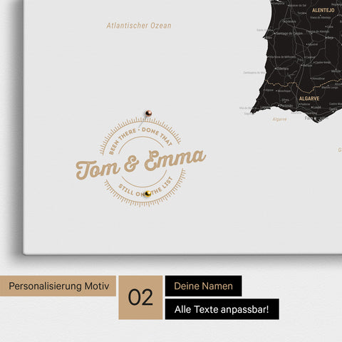 Spanien- & Portugal-Karte Pinn-Leinwand in Weiß-Schwarz mit Personalisierung als rundes Logo, das eine Legende für bereits besuchte Reiseziele im Rundtext beinhaltet