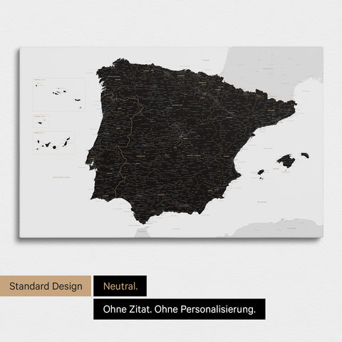 Neutrale Standard Ausführung der detaillierten Spanien- & Portugal-Karte als Pinnwand Leinwand in Weiß-Schwarz ohne Personalisierung