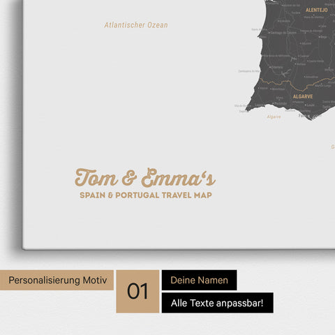 Landkarte von Spanien- & Portugal als Pinnwand Leinwand in Light Gray mit Personalisierung und Namen in einer modernen Schreibschrift