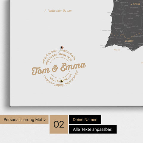 Spanien- & Portugal-Karte Pinn-Leinwand in Light Gray mit Personalisierung als rundes Logo, das eine Legende für bereits besuchte Reiseziele im Rundtext beinhaltet