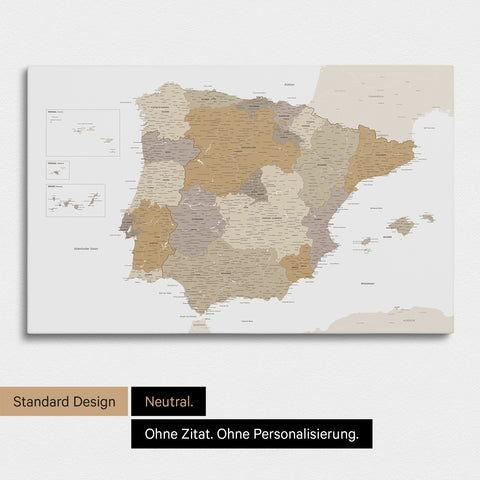 Neutrale Standard Ausführung der detaillierten Spanien- & Portugal-Karte als Pinnwand Leinwand in Multicolor Beige ohne Personalisierung