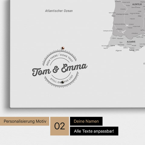 Spanien- & Portugal-Karte Pinn-Leinwand in Multicolor Grau mit Personalisierung als rundes Logo, das eine Legende für bereits besuchte Reiseziele im Rundtext beinhaltet