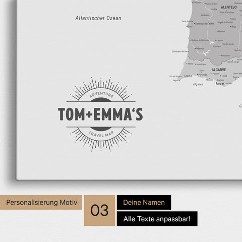 Spanien & Portugal-Karte TRAVEL® Pinn-Leinwand – Multicolor Gray