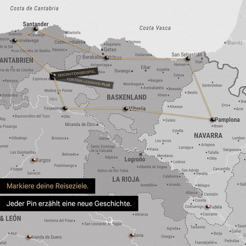 Moderne Spanien- & Portugal Landkarte in der Farbe Multicolor Grau als Pinn-Leinwand zeigt einen Ausschnitt vom Baskenland und Navarra, in der bereits besuchte Reiseziele durch Pins markiert sind 