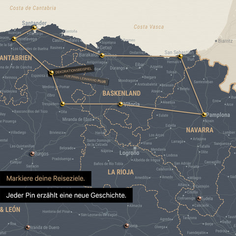 Moderne Spanien- & Portugal Landkarte in der Farbe Navy Light als Pinn-Leinwand zeigt einen Ausschnitt vom Baskenland und Navarra, in der bereits besuchte Reiseziele durch Pins markiert sind 